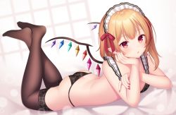 Rule 34 | 1girl, ass, bare arms, bare shoulders, black bra, black panties, black thighhighs, blonde hair, blush, bra, breasts, butt crack, commentary request, crossed ankles, crystal, dutch angle, flandre scarlet, frills, hair ribbon, hand up, head rest, legs up, lens flare, long hair, lying, maid headdress, nail polish, no headwear, no shoes, on stomach, one side up, panties, pointy ears, red eyes, red nails, red ribbon, ribbon, small breasts, solo, the pose, thighhighs, thighs, touhou, underwear, wings, yamayu