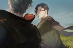 Rule 34 | 2boys, black jacket, blue hair, facing away, fate/grand order, fate (series), glasses, grass, green jacket, hair over one eye, hair pulled back, haori, jacket, japanese clothes, kibadori rue, looking at another, looking to the side, male focus, multiple boys, parted lips, saitou hajime (fate), short hair, upper body, wind, yamanami keisuke (fate)