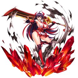 Rule 34 | 1girl, action taimanin, breasts, cleavage, demon girl, demon horns, elbow gloves, full body, game cg, gloves, highres, holding, holding weapon, horns, japanese clothes, large breasts, lilith-soft, long hair, long sword, multicolored hair, official art, open mouth, purple hair, red hair, simple background, smile, solo, spinel (action taimanin), sword, taimanin (series), taimanin rpgx, weapon, yellow eyes, yoya tt