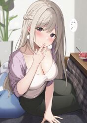 Rule 34 | 1girl, azuki yui, black pants, blush, braid, breasts, camisole, cleavage, closed mouth, collarbone, earrings, grey hair, highres, jacket, jewelry, kotatsu, large breasts, long hair, medium breasts, motion lines, necklace, open clothes, open jacket, original, pants, plaid, plant, pom pom (clothes), pom pom earrings, potted plant, purple eyes, purple jacket, sitting, solo, speech bubble, table, translation request, white camisole