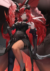 Rule 34 | 1girl, alchemy stars, animal, animal on shoulder, arm at side, bare shoulders, black dress, black gloves, blazpu, breasts, brown pantyhose, collared dress, dragon, dress, elbow gloves, eyepatch, gloves, hair over one eye, hand on own hip, highres, horns, leona (alchemy stars), lips, long hair, looking at viewer, medium breasts, mole, mole under mouth, pantyhose, red hair, sharp teeth, sleeveless, sleeveless dress, smile, solo, sunstone (alchemy stars), teeth, thigh strap