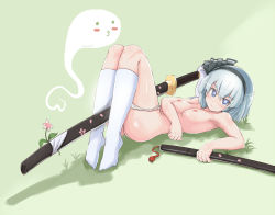 Rule 34 | 1girl, b.d, between legs, blue eyes, bow, breasts, come hither, full body, green background, hair bow, hairband, heart, heart-shaped pupils, highres, katana, kneehighs, knees together feet apart, konpaku youmu, konpaku youmu (ghost), legs together, looking at viewer, lying, multiple swords, nipples, o3o, on back, panties, panties only, panty pull, partially visible vulva, sheath, sheathed, short hair, silver hair, small breasts, socks, solo, sword, symbol-shaped pupils, topless, touhou, underwear, underwear only, weapon, white socks