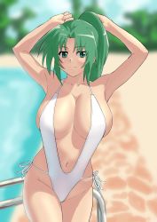 Rule 34 | 1girl, armpits, arms behind head, arms up, blush, breasts, casual one-piece swimsuit, cleavage, day, green eyes, green hair, highleg, highleg swimsuit, highres, higurashi no naku koro ni, iwao178, large breasts, long hair, looking at viewer, navel, one-piece swimsuit, outdoors, ponytail, pool, seductive smile, smile, solo, sonozaki mion, standing, swimsuit, water, white one-piece swimsuit