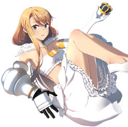 Rule 34 | 10s, 1girl, :d, album cover, alternate costume, arm up, armor, bad id, bad tumblr id, bandeau, bare legs, blonde hair, blue eyes, blush, breasts, character request, collarbone, commentary request, cover, crown, detached collar, eight tohyama, elbow gloves, frilled skirt, frills, gauntlets, gloves, holding, legs up, long hair, looking at viewer, medium skirt, mini crown, no legwear, no socks, open mouth, original, petticoat, shiny skin, shoes, simple background, single elbow glove, skirt, small breasts, smile, solo, strapless, swept bangs, unworn crown, unworn headwear, upskirt, very long hair, white background, white footwear, white gloves, white skirt
