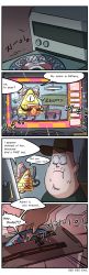 Rule 34 | 1boy, 4koma, bill cipher, book, bow, cd, classroom, comic, computer, cosplay, death, english text, engrish text, giffany, giffany (cosplay), gravity falls, hair bow, hat, highres, korean text, parody, ranguage, school, soos, spoilers, ssalbulre, toaster, visual novel, wide-eyed