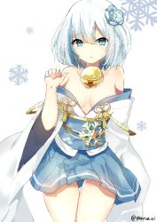Rule 34 | 1girl, arm at side, bare shoulders, bell, blue eyes, blue flower, blue skirt, flower, gold trim, hair flower, hair ornament, hand up, looking at viewer, medium hair, pleated skirt, sennen sensou aigis, simple background, skirt, snowflakes, solo, standing, thigh gap, thousa 01, twitter username, white hair, wide sleeves