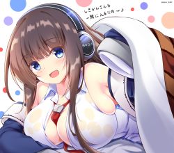 Rule 34 | azur lane, bare shoulders, black hair, blanket, blue eyes, blush, breasts, cleavage, headphones, highres, kamishiro (rsg10679), large breasts, long hair, long island (azur lane), long sleeves, looking at viewer, lying, necktie, no bra, on stomach, open clothes, open shirt, polka dot, polka dot background, see-through, skindentation, sleeves past wrists, smile, solo, under covers, wet