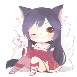 Rule 34 | 1girl, ahri (league of legends), animal ears, black hair, blush, breasts, brown eyes, chibi, cleavage, detached sleeves, fox ears, fox tail, heart, japanese clothes, konatsu miyu, korean clothes, league of legends, long hair, one eye closed, sitting, smile, solo, tail, white background, wink