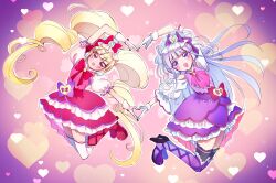 Rule 34 | 2girls, aisaki emiru, ascot, black thighhighs, blonde hair, blunt bangs, boots, bow, bowtie, clothing cutout, commentary, cure amour, cure macherie, dress, dress bow, earrings, frilled dress, frilled sleeves, frills, hat, hat bow, heart, heart arms duo, heart background, high heel boots, high heels, highres, hugtto! precure, jewelry, knee boots, layered dress, legs up, long hair, looking at viewer, magical girl, miisu (minirose), mob cap, multiple girls, open mouth, pom pom (clothes), pom pom earrings, precure, puffy short sleeves, puffy sleeves, purple ascot, purple bow, purple dress, purple eyes, purple footwear, purple hair, red bow, red bowtie, red dress, red eyes, red footwear, ruru amour, short sleeves, shoulder cutout, smile, thigh boots, thighhighs, very long hair, white hat, white thighhighs