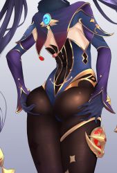 Rule 34 | 1girl, ass support, from behind, genshin impact, gradient background, grey background, head out of frame, highres, legs, long hair, long legs, looking at viewer, looking back, mona (genshin impact), ningmeng fengmi, pantyhose, purple hair, solo, thighs
