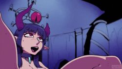 Rule 34 | 1girl, animated, animated gif, blue hair, broken horn, crystal, disembodied eye, dress, fangs, female ejaculation, female orgasm, floating, floating object, horns, jewelry, legs apart, necklace, night, nude, open mouth, orgasm, pee, peeing, pointy ears, purple horns, red eyes, rolling eyes, speedoru, spread legs, twitching
