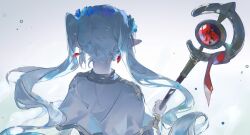 Rule 34 | 1girl, blue flower, blue hair, capelet, drop earrings, earrings, elf, facing away, flower, flower wreath, frieren, gem, gold trim, grey background, highres, holding, holding staff, jewelry, l. xianyi, light particles, long hair, multicolored hair, pale skin, pointy ears, red gemstone, red ribbon, ribbon, solo, sousou no frieren, staff, twintails, two-tone hair, upper body, white capelet, white hair