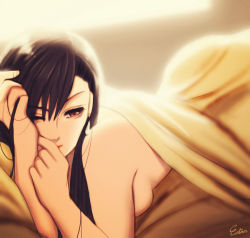 Rule 34 | 1990s (style), 1girl, bed, bed sheet, black hair, breasts, brown eyes, earrings, esther shen, eyelashes, female focus, final fantasy, final fantasy vii, hand in own hair, jewelry, large breasts, long hair, lying, naked sheet, on stomach, one eye closed, retro artstyle, signature, solo, tifa lockhart, waking up