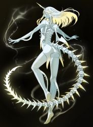 Rule 34 | 1girl, black background, blonde hair, blue hair, colored inner hair, fins, floating hair, from behind, highres, horns, looking at viewer, looking back, monster girl, multicolored hair, original, outstretched arms, ruteko (ruko220), sideways glance, single horn, skeletal tail, solo, spread arms, standing, standing on one leg, tail, twitter username, wings, yellow eyes