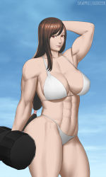 Rule 34 | 1990s (style), 1girl, abs, bikini, breasts, brown hair, cleavage, elee0228, female focus, final fantasy, final fantasy vii, highres, large breasts, long hair, looking at viewer, lvl (sentrythe2310), muscular, navel, red eyes, smile, solo, standing, swimsuit, thong, tifa lockhart