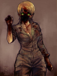 Rule 34 | 10s, 1girl, 2014, artist name, bad id, bad pixiv id, blonde hair, blood, breasts, character name, cleavage, dated, green eyes, jcm2, jumpsuit, personification, scp-173, scp foundation, solo