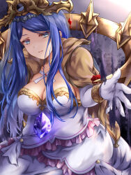 Rule 34 | 1girl, aura, blue eyes, blue hair, breasts, cleavage, corruption, dark aura, dark persona, dragonstone, dress, eyelashes, fire emblem, fire emblem engage, highres, kei (asufend), large breasts, long hair, looking at viewer, lumera (fire emblem), nintendo, open mouth, solo, white dress