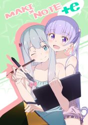 Rule 34 | 2girls, :d, blue eyes, blue hair, blush, bow, camisole, commentary request, crossover, drawing tablet, eromanga sensei, hair bow, highres, holding, izumi sagiri, long hair, makicha (sasurainopink), multiple girls, new game!, one eye closed, open mouth, pink bow, purple eyes, purple hair, smile, stylus, suzukaze aoba, twintails