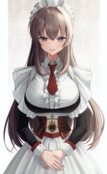 Rule 34 | 1girl, apron, azur lane, blue eyes, brown hair, center frills, corset, cowboy shot, curacoa (azur lane), frills, hair between eyes, highres, long hair, long sleeves, looking at viewer, maid, maid apron, maid headdress, meraring, necktie, own hands together, red necktie, smile, solo, white apron