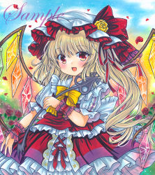 Rule 34 | 1girl, :d, back bow, blonde hair, blue sky, blush, bow, bowtie, collared shirt, crystal, fang, flandre scarlet, flower, flower ornament, frilled bow, frilled hat, frilled shirt, frilled shirt collar, frilled skirt, frills, hat, hat ribbon, holding, holding wand, laevatein (touhou), long hair, looking at viewer, marker (medium), mob cap, open mouth, outdoors, petals, puffy short sleeves, puffy sleeves, rainbow order, red eyes, red flower, red ribbon, red rose, red skirt, red vest, ribbon, rose, rose petals, rui (sugar3), sample watermark, shirt, short sleeves, side ponytail, skin fang, skirt, sky, sleeve ribbon, smile, solo, touhou, traditional media, vest, wand, watermark, white bow, white hat, white shirt, wings, wrist cuffs, yellow bow, yellow bowtie, yellow flower, yellow rose