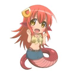 Rule 34 | 10s, 1girl, :d, breasts, chibi, cleavage, fang, full body, hair ornament, hairclip, lamia, large breasts, long hair, lowres, miia (monster musume), monster girl, monster musume no iru nichijou, official art, open mouth, pointy ears, scales, shirt, skirt, slit pupils, smile, solo, tied shirt, transparent background, very long hair, yellow eyes