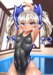 Rule 34 | 1girl, absurdres, arm behind head, arms up, black one-piece swimsuit, blue eyes, blue ribbon, breasts, commentary request, competition swimsuit, cowboy shot, hair ribbon, highleg, highleg swimsuit, highres, indoors, long hair, looking at viewer, one-piece swimsuit, original, pointy ears, pool, rei no pool, ribbon, silver hair, small breasts, solo, swimsuit, twintails, twitter username, yonkuron