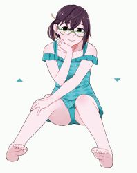 Rule 34 | 1girl, barefoot, blue one-piece swimsuit, crossed bangs, feet, glasses, green-framed eyewear, green eyes, grey background, hair between eyes, head rest, kantai collection, looking at viewer, multicolored hair, ojipon, okinami (kancolle), one-piece swimsuit, pink hair, purple hair, simple background, sitting, smile, solo, swimsuit
