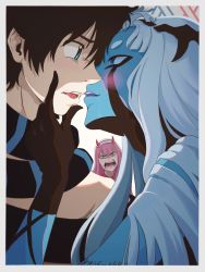 Rule 34 | 001 (darling in the franxx), 10s, 1boy, 2girls, black hair, blue eyes, blue hair, blue skin, colored skin, commentary request, couple, crying, crying with eyes open, darling in the franxx, face-to-face, facing another, fangs, forehead-to-forehead, green eyes, hair ornament, hairband, hand on another&#039;s chin, heads together, hetero, highres, hiro (darling in the franxx), horns, kage leo, kiss, light blue hair, long hair, looking at another, multiple girls, oni horns, open mouth, pink hair, red horns, saliva, saliva trail, scar, scar on face, short hair, tears, thick eyebrows, white hairband, zero two (darling in the franxx)