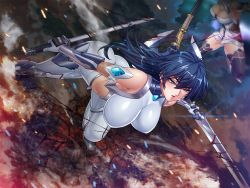 Rule 34 | 2girls, action, aqua eyes, ass, blood, blue hair, blush, bodysuit, breasts, cleavage, dual wielding, fighting, floating hair, gauntlets, hair between eyes, holding, holding sword, holding weapon, igawa asagi, kagami hirotaka, large breasts, legs, light blush, long hair, midriff, multiple girls, outdoors, parted lips, standing, sword, taimanin (series), taimanin asagi, thighhighs, thighs, weapon
