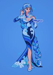 Rule 34 | 1girl, absurdly long hair, artist name, blue background, blue hair, braid, braided ponytail, breasts, breasts apart, dress, full body, hands up, high heels, long hair, meyoco, multicolored hair, original, parted lips, print dress, simple background, smile, solo, sparkle, standing, very long hair, wave print, white footwear