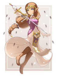 Rule 34 | 1girl, blue eyes, boots, brown footwear, brown hair, corruption, dress, earrings, elbow gloves, enni, full body, gloves, hair tubes, heterochromia, highres, holding, holding sword, holding weapon, jewelry, long hair, looking at viewer, low-tied long hair, nintendo, pointy ears, princess zelda, solo, sword, the legend of zelda, the legend of zelda: twilight princess, tiara, weapon, white gloves, yellow eyes