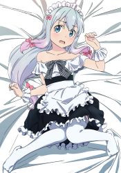Rule 34 | 1girl, alternate costume, apron, bed sheet, black skirt, blue eyes, blush, bow, collarbone, embarrassed, enmaided, eromanga sensei, feet, flat chest, floating hair, frilled apron, frilled skirt, frills, from above, full body, gradient hair, hair bow, head tilt, high-waist skirt, highres, izumi sagiri, long hair, looking at viewer, low-tied long hair, low ponytail, low twintails, lying, maid, maid headdress, makicha (sasurainopink), multicolored hair, no shoes, off-shoulder shirt, off shoulder, on back, open mouth, pantyhose, pink bow, pink hair, shirt, sidelocks, silver hair, skirt, solo, thighhighs, twintails, two-tone hair, very long hair, waist apron, white apron, white pantyhose, white shirt, wrist cuffs