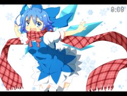 Rule 34 | 1girl, ahoge, blue dress, blue eyes, blue hair, bow, cirno, dress, fang, hair bow, haruyonoto, highres, letterboxed, matching hair/eyes, open mouth, outstretched arms, scarf, shirt, short hair, short sleeves, smile, solo, thighhighs, touhou, white thighhighs, wings, zettai ryouiki