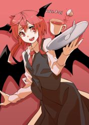 Rule 34 | 1girl, :d, cup, dress shirt, head wings, highres, kamabokopic, koakuma, long hair, long sleeves, looking at viewer, necktie, open mouth, red eyes, red hair, shirt, skirt, smile, solo, touhou, vest, wings
