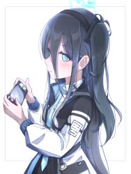 Rule 34 | 1girl, aris (blue archive), black hair, black skirt, blue archive, blue eyes, blue halo, blue necktie, blush, closed mouth, collared shirt, commentary request, hair between eyes, halo, handheld game console, holding, holding handheld game console, jacket, long bangs, long hair, long hair between eyes, long sleeves, looking at viewer, necktie, open clothes, open jacket, pleated skirt, ruko (user zdfp4487), shirt, side ponytail, simple background, skirt, solo, upper body, very long hair, white background, white jacket, white shirt