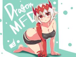 Rule 34 | 1girl, all fours, ass, barefoot, blush, breasts, butt crack, cleavage, cougar (cougar1404), downpants, dragon: marked for death, empress (dmfd), red eyes, scar, solo, sweat, white hair