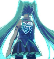 Rule 34 | 1girl, absurdres, arms at sides, artist name, bad id, bad pixiv id, bare arms, bare shoulders, black legwear, black skirt, collared shirt, commentary, cowboy shot, english commentary, facing away, green hair, green theme, grey shirt, hatsune miku, heart, highres, legs apart, long hair, monochrome, nape, neo (neo 399), outline, pleated skirt, see-through, shirt, shoulder tattoo, skirt, sleeveless, sleeveless shirt, solo, standing, tattoo, twintails, unknown mother goose (vocaloid), upper body, very long hair, vocaloid, wowaka