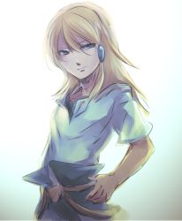 Rule 34 | 00s, 1boy, bad id, bad pixiv id, blonde hair, gradient background, light smile, long hair, male focus, peony ix, shiro (reptil), solo, standing, tales of (series), tales of the abyss, white background