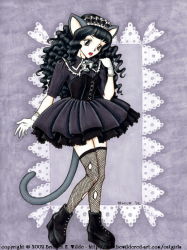 Rule 34 | 00s, 1girl, 2002, animal ears, bell, bewildered, black dress, black footwear, black hair, black thighhighs, boots, breasts, cat ears, cat girl, cat tail, dress, fishnets, gloves, gothic lolita, grey background, grey eyes, jingle bell, lolita fashion, long hair, looking at viewer, medium breasts, red lips, short sleeves, solo, tail, thighhighs, torn clothes, torn thighhighs, traditional media, white gloves, zettai ryouiki