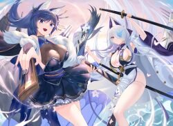 Rule 34 | 2girls, absurdly long hair, absurdres, animal ears, azur lane, bare shoulders, blue eyes, blue hair, blue nails, breasts, bridal gauntlets, butterfly over eye, cleavage, commentary, dress, feet out of frame, folding fan, fox ears, fox girl, fox tail, fur trim, hair over one eye, hand fan, highlander z, highres, holding, holding fan, holding sword, holding weapon, jintsuu (azur lane), jintsuu (meta) (azur lane), large breasts, layered dress, long hair, looking at viewer, multicolored hair, multiple girls, multiple swords, nail polish, open mouth, outstretched arm, pleated dress, purple eyes, purple hair, see-through, see-through cleavage, short dress, side slit, streaked hair, sword, tail, unzen (azur lane), very long hair, weapon, white hair, wide sleeves