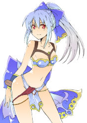 Rule 34 | 1girl, artist request, ass, blue hair, breasts, cleavage, colored eyelashes, eyelashes, eyes visible through hair, hair between eyes, hair ornament, legs apart, long hair, meru (dragoon), midriff, navel, no bra, ponytail, red eyes, simple background, smile, solo, standing, the legend of dragoon, white background, wingly