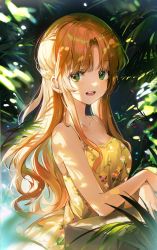 Rule 34 | 1girl, bare shoulders, blush, bosack, breasts, brown hair, cleavage, commentary, dress, floral print, green eyes, highres, leaf, long hair, looking away, medium breasts, open mouth, original, shadow, smile, solo, upper body