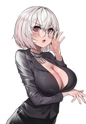 Rule 34 | adjusting eyewear, anchor choker, anchor necklace, arm under breasts, azur lane, bespectacled, black shirt, black skirt, blush, breast hold, breasts, choker, cleavage, commentary request, cowboy shot, glasses, hand up, highres, jewelry, large breasts, long sleeves, looking at viewer, miniskirt, nail polish, necklace, office lady, open mouth, pencil skirt, pink nails, red eyes, round eyewear, shirt, short hair, simple background, sirius (azur lane), skirt, solo, suou-sensei, white background, white hair