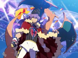 Rule 34 | 1boy, baseball cap, cape, champion uniform, charizard, clenched hands, closed mouth, commentary request, creatures (company), dark-skinned male, dark skin, dynamax band, facial hair, fire, flame-tipped tail, from below, fur-trimmed cape, fur trim, game freak, gen 1 pokemon, gloves, hat, highres, leggings, leon (pokemon), light, long hair, male focus, nintendo, partially fingerless gloves, pokemon, pokemon (creature), pokemon swsh, purple hair, red cape, shigetake (buroira), shirt, short shorts, short sleeves, shorts, single glove, smile, stadium, white legwear, white shorts, white wristband, yellow eyes