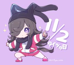 Rule 34 | 1girl, animal ears, black hair, chibi, commentary request, dated, full body, hair over one eye, horse ears, horse girl, horse tail, jacket, long hair, mopiwo, outstretched arms, pantyhose, pantyhose on head, purple background, purple eyes, red jacket, rice shower (umamusume), shoes, shorts, simple background, socks, solo, sparkle, spread arms, tail, tights day, track jacket, track suit, twitter username, umamusume, wardrobe error