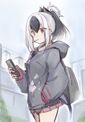 Rule 34 | 1girl, absurdres, backpack, bag, blue archive, blush, brown eyes, cellphone, closed mouth, commentary request, cowboy shot, earrings, grey hair, hair between eyes, hand in pocket, highres, holding, holding phone, hood, hood down, hooded jacket, jacket, jewelry, kayoko (blue archive), kurokaze no sora, long hair, long sleeves, looking at phone, looking away, miniskirt, multicolored hair, outdoors, phone, ponytail, sidelocks, skirt, sky, sleeves past wrists, smartphone, solo, two-tone hair