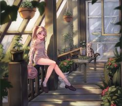 Rule 34 | 1girl, azur lane, beige sweater, blonde hair, blush, cactus, cat, cleveland (azur lane), hanging plant, hat, unworn hat, unworn headwear, highres, holding, holding clothes, holding hat, loafers, long hair, loose socks, off shoulder, on railing, plant, potted plant, railing, red eyes, shoes, side ponytail, sitting, smile, socks, solo, spread legs, sweater, thighs, toe-point, very long hair, window, you ni ge shaobing