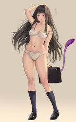 Rule 34 | 1girl, bag, black footwear, black hair, bra, breasts, collarbone, commentary, english commentary, full body, hand on own head, highres, holding, holding bag, iki hiyori, jeneral, kneehighs, loafers, long hair, looking at viewer, medium breasts, mixed-language commentary, noragami, open mouth, panties, polka dot, polka dot bra, polka dot panties, purple eyes, school bag, shoes, simple background, socks, solo, tail, underwear, white bra, white panties