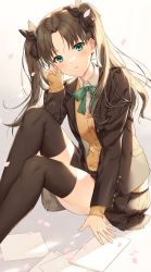 Rule 34 | 1girl, artist name, backlighting, beige cardigan, black hair, black jacket, black ribbon, black skirt, black thighhighs, blazer, breasts, buttons, cardigan, collared shirt, commentary, eyelashes, fate/extra, fate/stay night, fate (series), feet out of frame, floating, floating hair, green ribbon, hair ribbon, hand to head, highres, jacket, knees up, kuroki (ma-na-tu), leaning to the side, legs together, long hair, long sleeves, looking at viewer, medium breasts, medium skirt, neck ribbon, on ground, open clothes, open jacket, paper, parted bangs, parted lips, petals, pleated skirt, ribbon, school uniform, shiny skin, shirt, simple background, sitting, skirt, sleeves past wrists, solo, sweater, thighhighs, tohsaka rin, two side up, white background, white shirt, zettai ryouiki