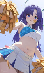 Rule 34 | 1girl, bare shoulders, blue archive, blue eyes, blue tube top, blush, breasts, cheerleader, commentary, confetti, detached collar, from below, hair intakes, halo, highres, holding, holding pom poms, long hair, looking at viewer, looking down, medium breasts, midriff, millennium cheerleader outfit (blue archive), millennium science school logo, miniskirt, navel, open mouth, parted bangs, pleated skirt, pom pom (cheerleading), pom poms, purple hair, skirt, solo, standing, strapless, teeth, ttt (5274293), tube top, two side up, upper teeth only, white skirt, white tube top, yuuka (blue archive)